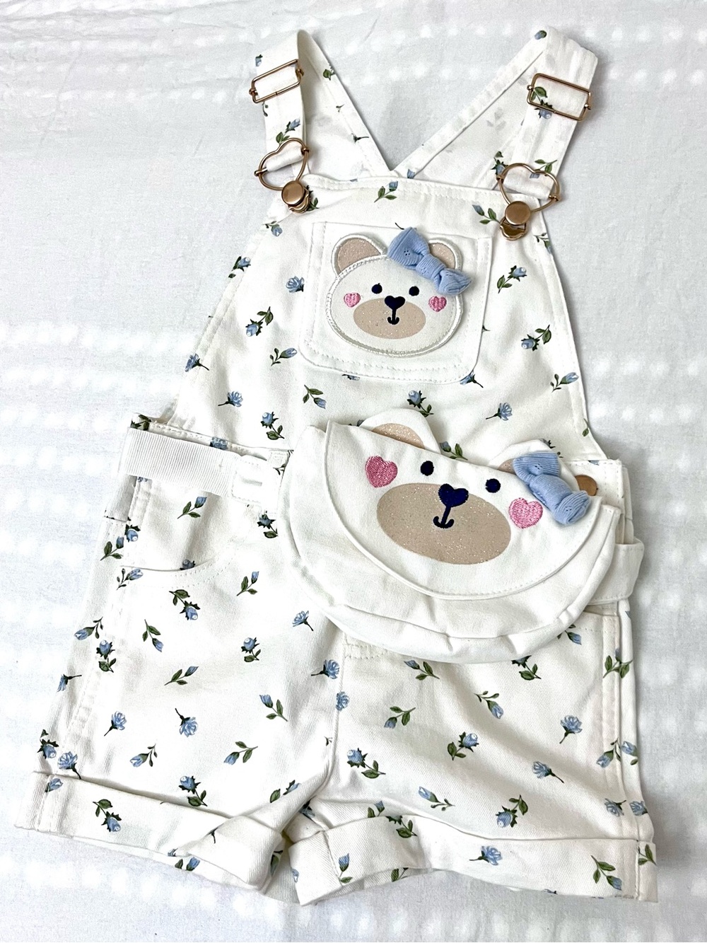 Old Navy White Floral Bear Appliqué Short Overalls with Blue Accents